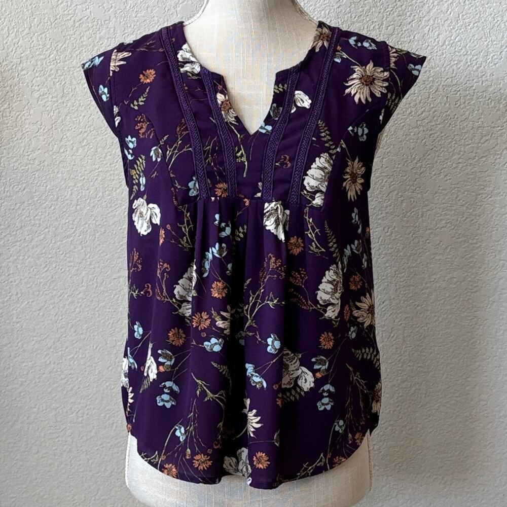 Collective Concepts Floral Purple Women's Pleated Sleeveless Top Size SP Spring